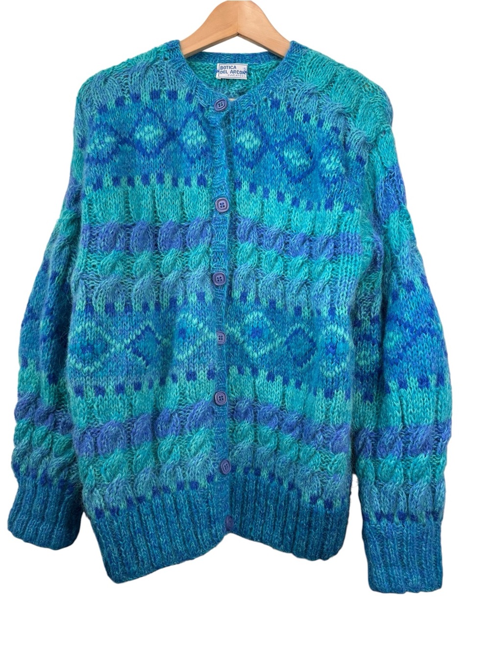 Botica Del Arcon VTG Cardigan Sweater Medium Blue Green Cable Knit Wool Mohair